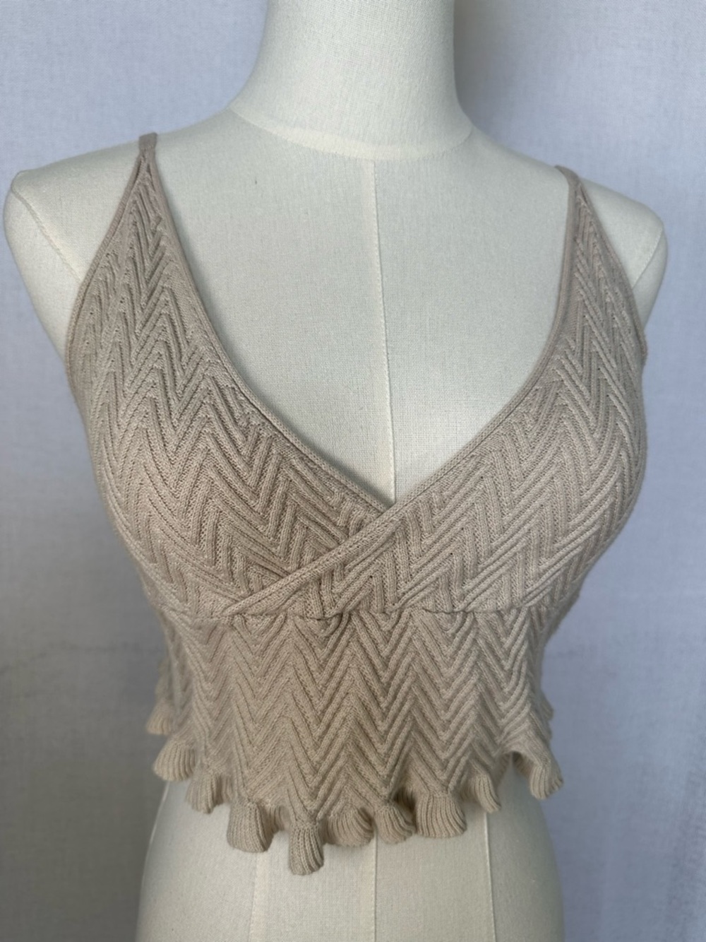 Free People Cream Chevron Knit Crop Top with Ruffle Trim
